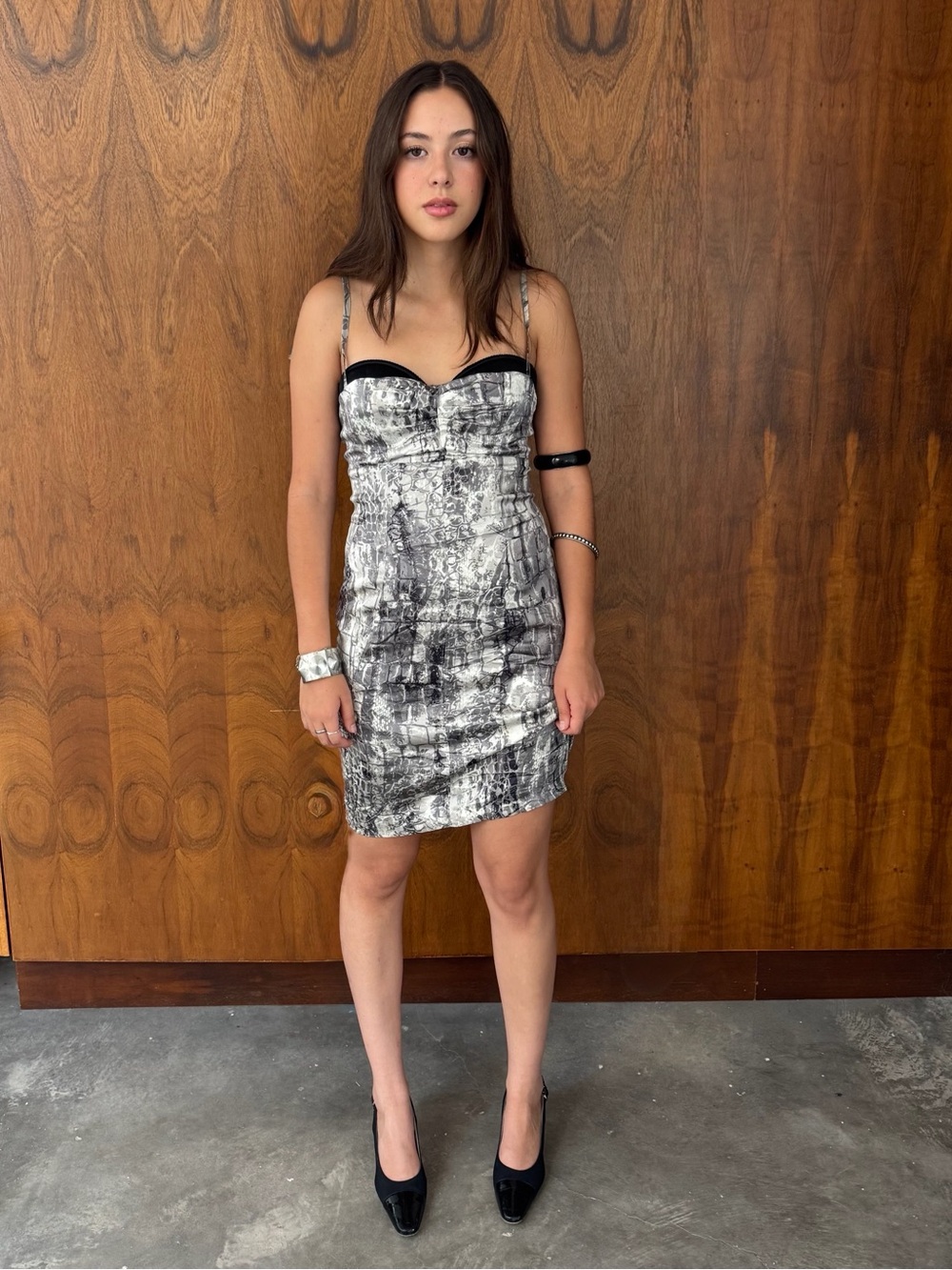Marciano Black and White Printed Satin Midi Dress